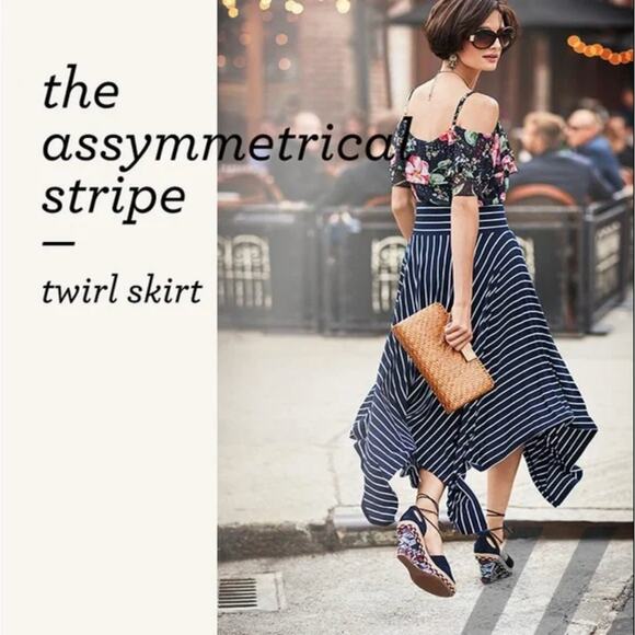 Cabi Striped Asymmetrical Hem Twirl Blue Skirt - Picture 1 of 10